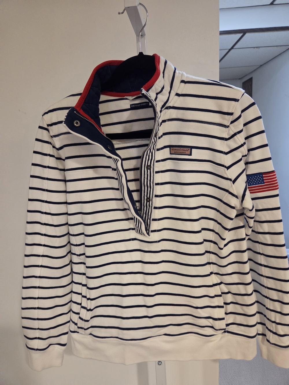 Vineyard Vines Women’s White Navy Stripe Quarter-Zip Pullover Sweater